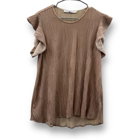 RTR Hunter Bell Ava Pleated Short Sleeve Rose Gold Top‎ Sz L - Picture 2 of 9